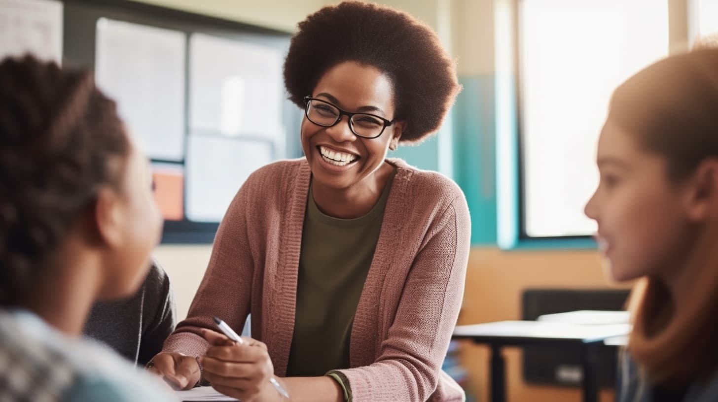 Teacher smiling with students