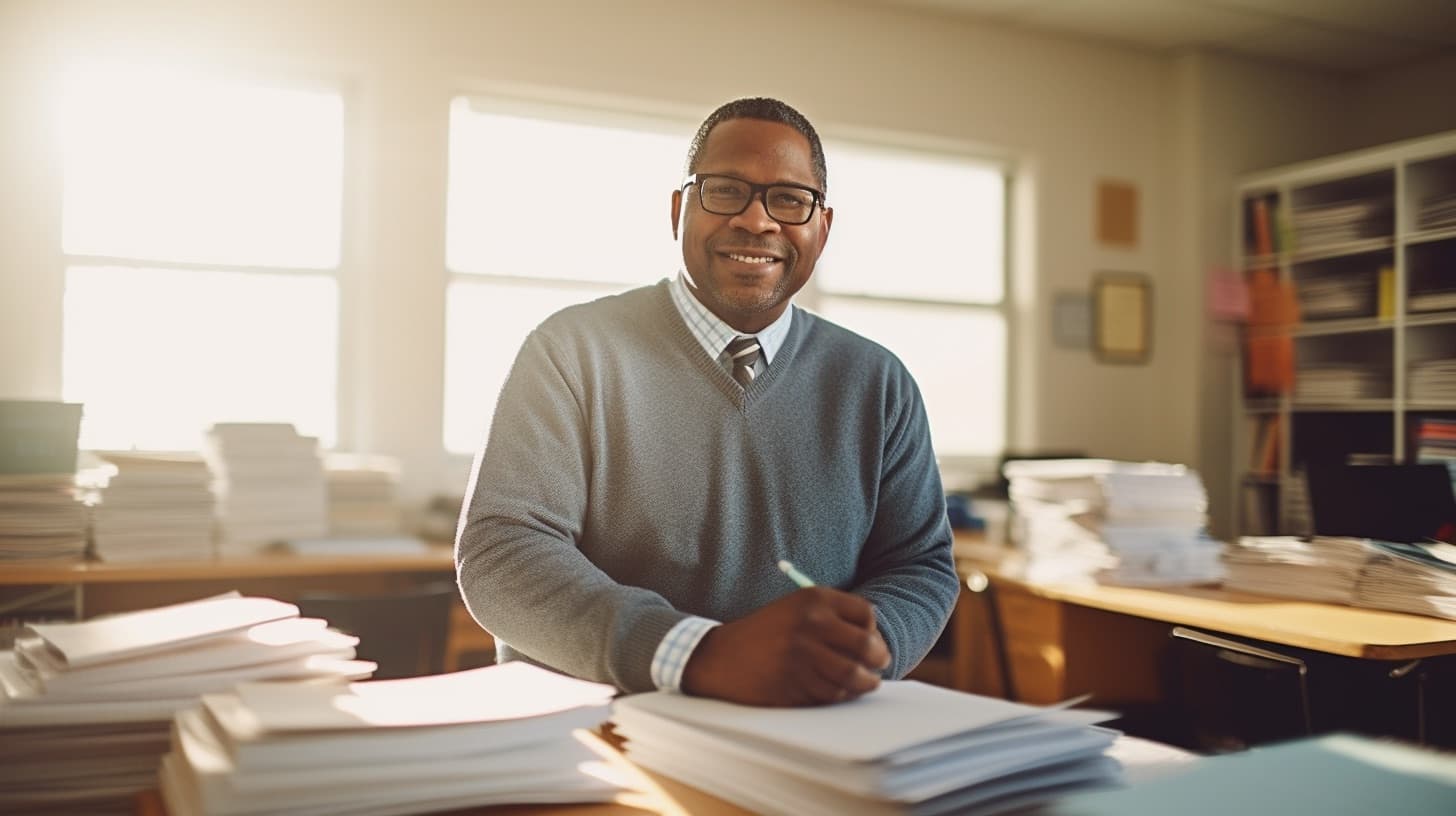Male teacher at desk with papers